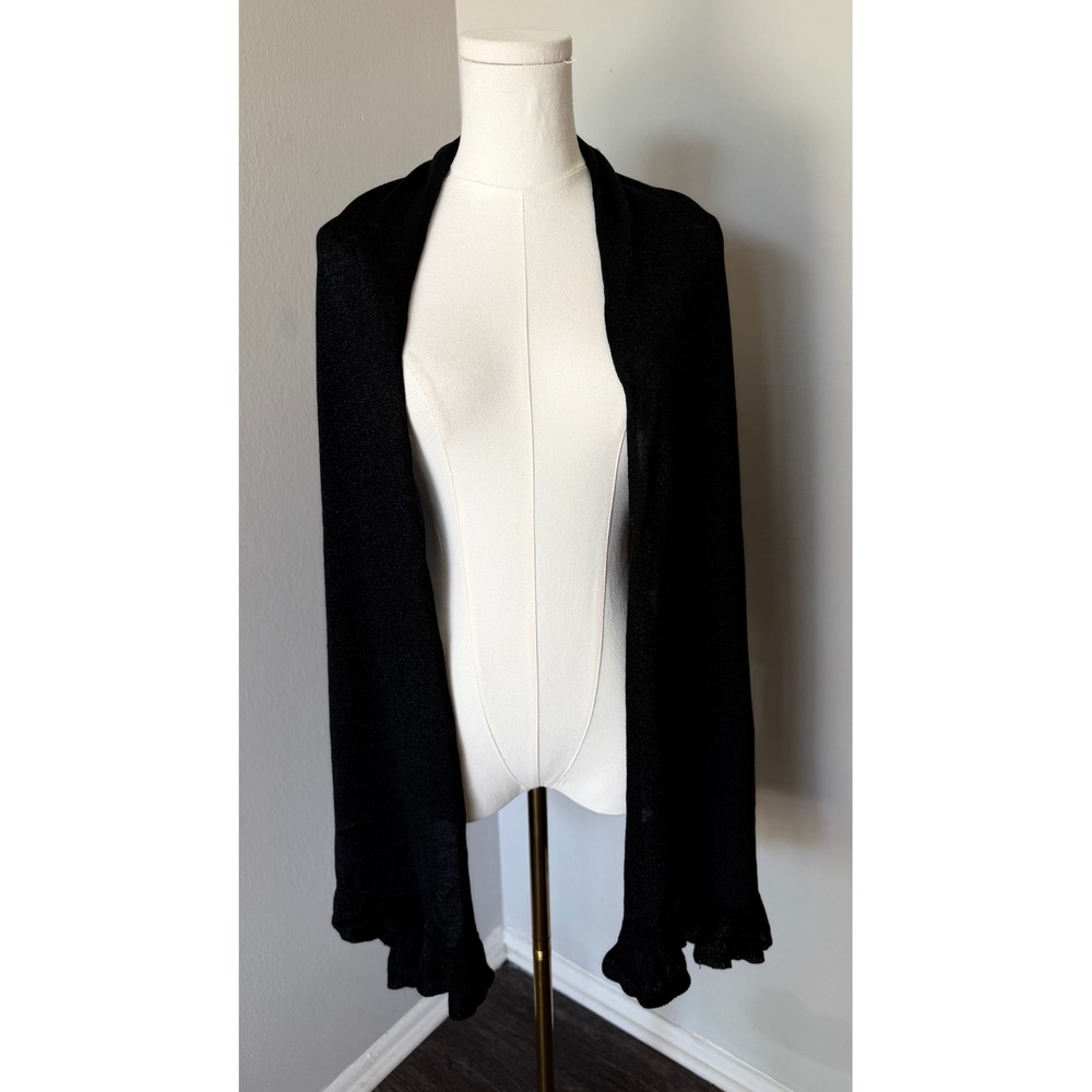 Front Shawl Wrap Scarf Black Lightweight Knit Ruffle Trim Open One Size